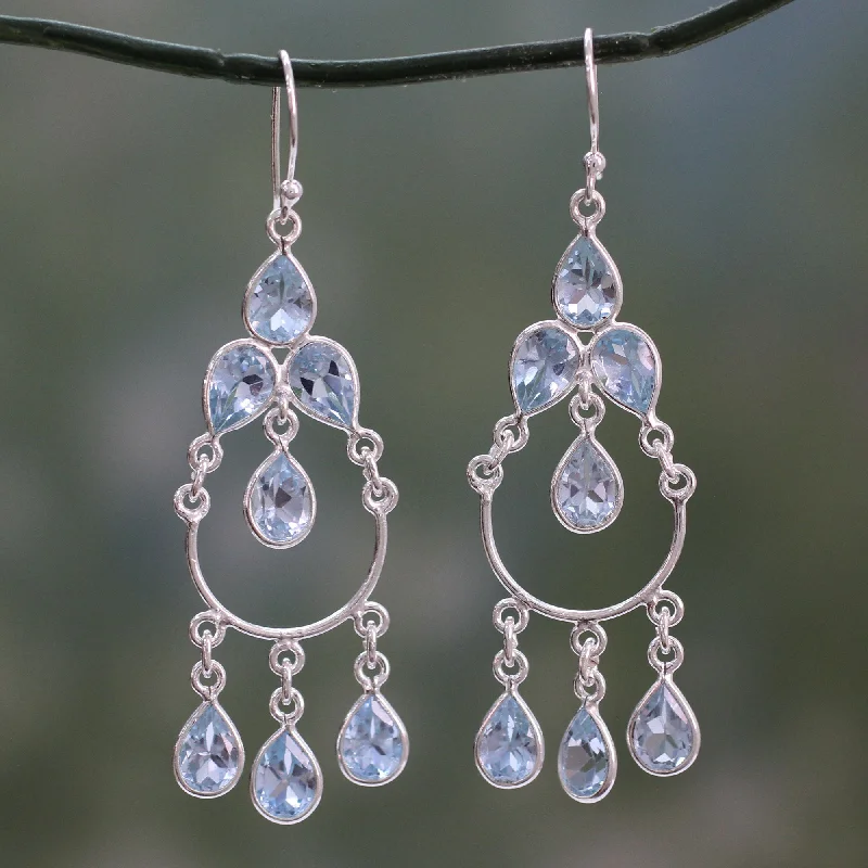 opal earrings for women -Azure Elegance Blue Topaz Handcrafted Sterling Silver Chandelier Earrings