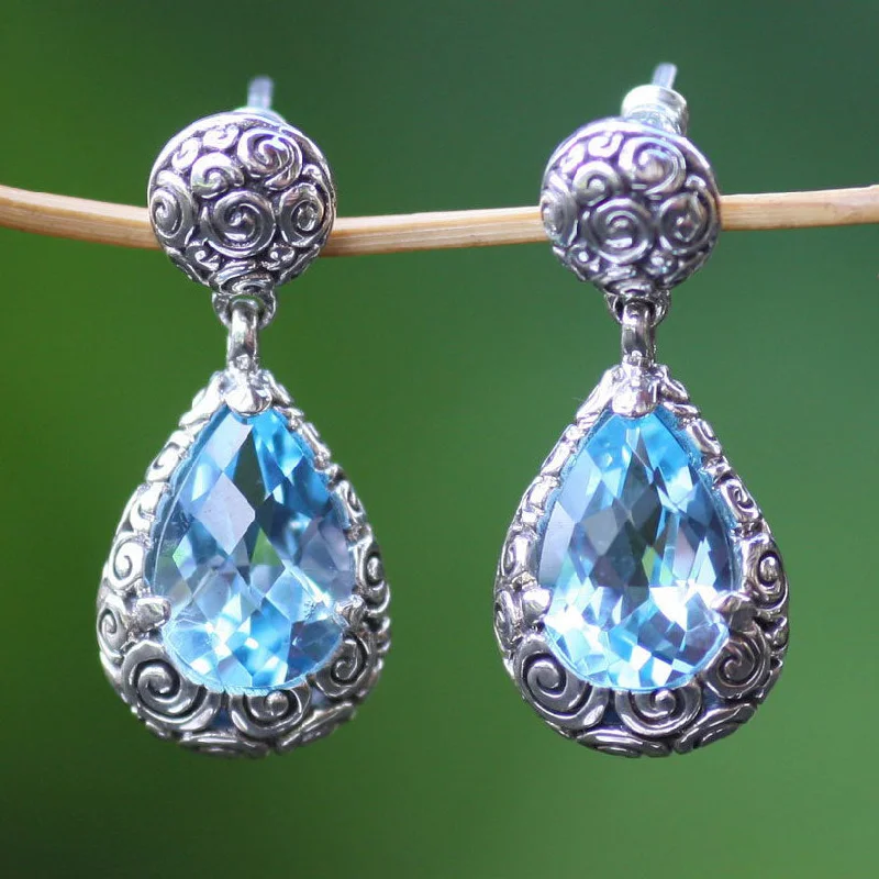 custom name earrings for gifts -Azure Teardrops Sterling Silver and Blue Topaz Dangle Earrings