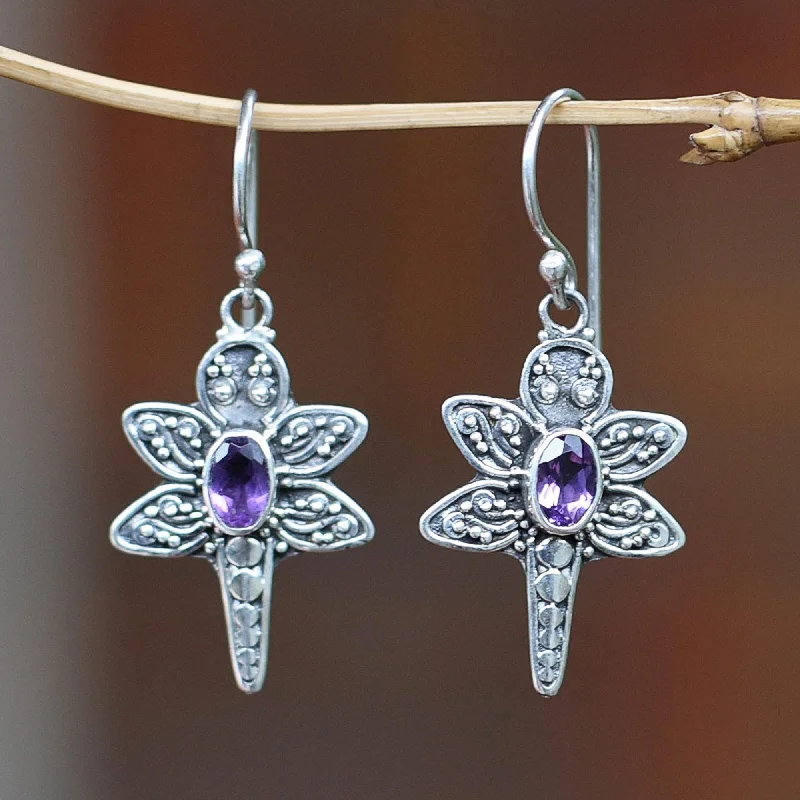 large hoop earrings for women -Baby Dragonfly Amethyst & Silver Dangle Earrings