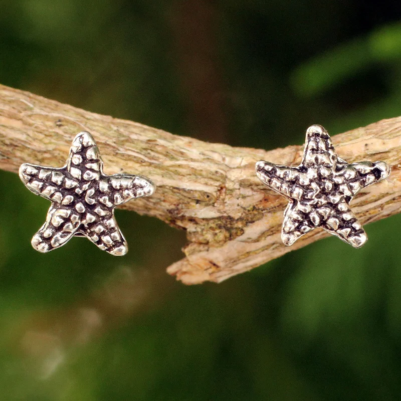 geometric earrings for women -Baby Starfish Silver Button Earrings