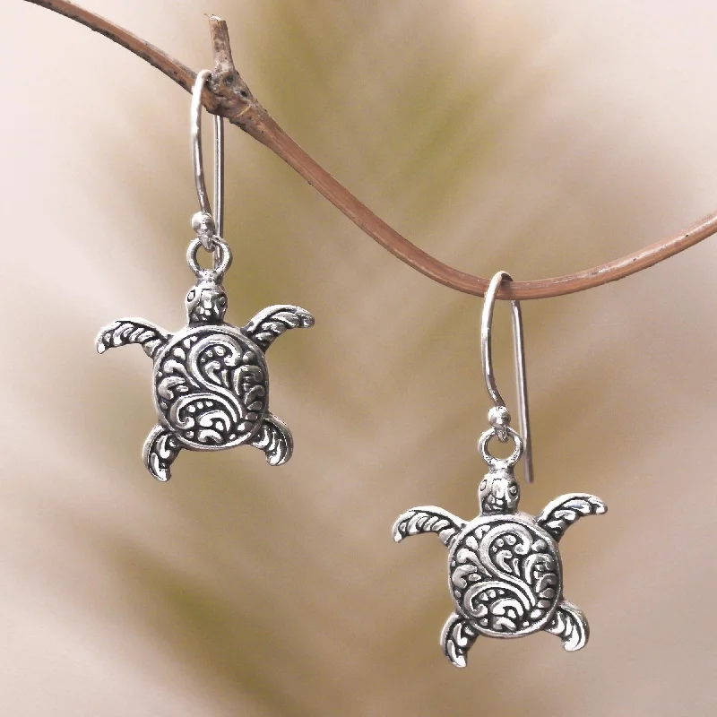 butterfly earrings for kids -Baby Turtles Sterling Silver Sea Turtle Dangle Earrings from Bali