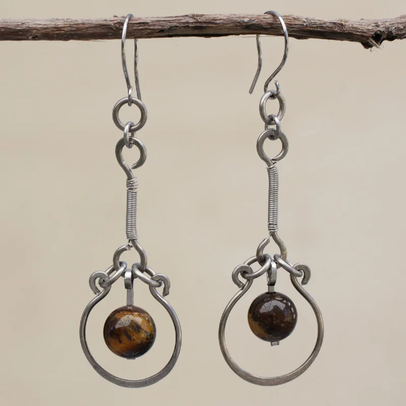 gold plated earrings for weddings -Balanced Nature Tiger's Eye and Stainless Steel Dangle Earrings from Brazil