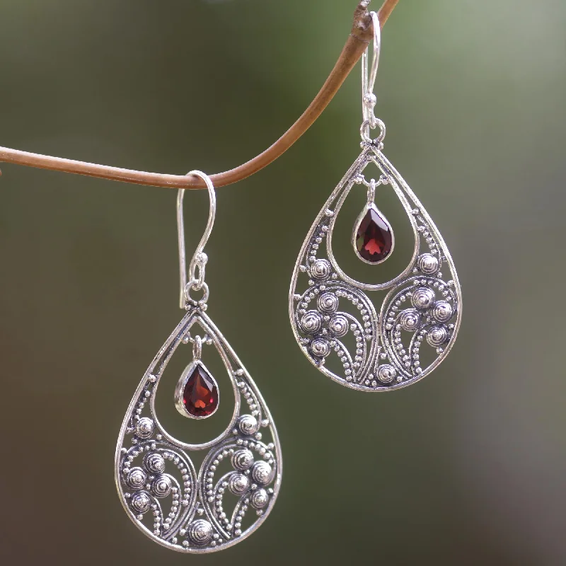 zodiac earrings for astrology lovers -Bali Crest Garnet & Silver Dangle Earrings