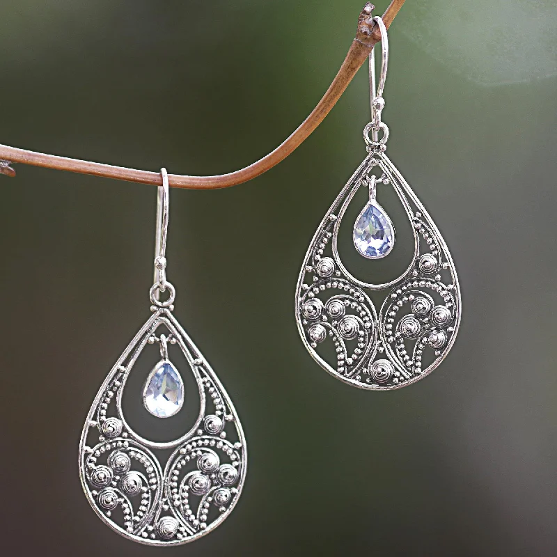 custom birthstone earrings for gifts -Bali Crest Sterling Silver and Blue Topaz Dangle Earrings