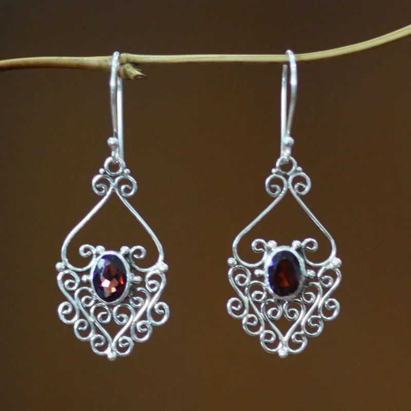 gothic earrings for men -Bali Dynasty Sterling Silver and Garnet Dangle Earrings