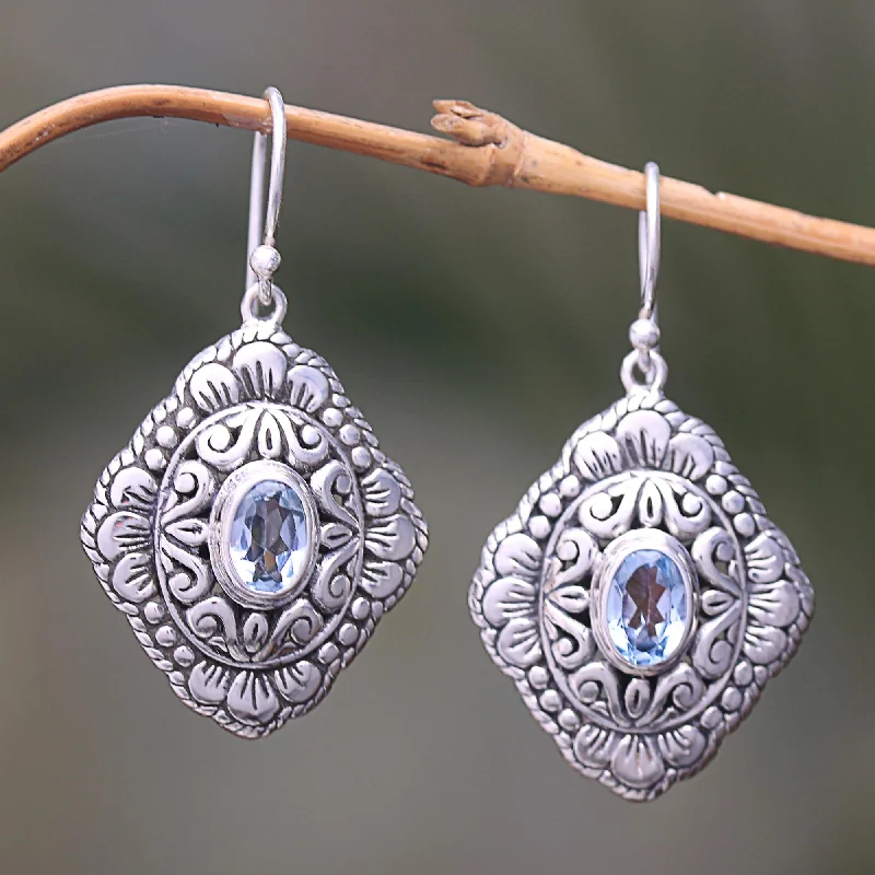 delicate gold earrings for women -Bali Oval Oval Blue Topaz Dangle Earrings from Bali