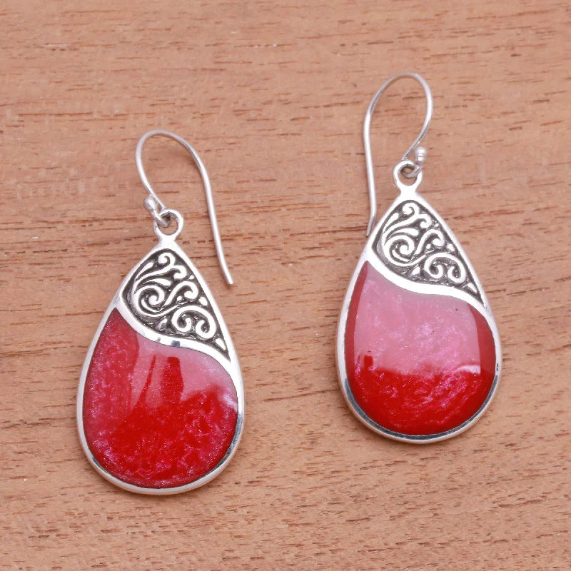 tribal earrings for men -Bali Pear Red Teardrop Sterling Silver and Resin Dangle Earrings