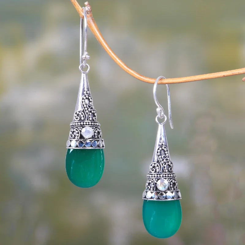 pink gold earrings for bridesmaids -Bali Tradition Sterling Silver and Green Onyx Earrings