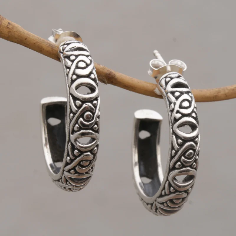 vintage stud earrings for women -Bali Weave Sterling Silver Half-Hoop Earrings from Bali