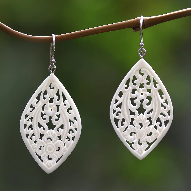 creative earrings for fashion lovers -Bali Windows Hand-Carved Floral Bone Dangle Earrings from Bali