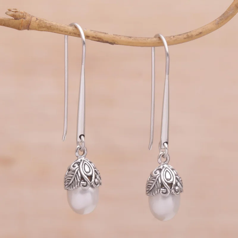 minimalist silver earrings for women -Balinese Acorn Silver & Pearl Earrings