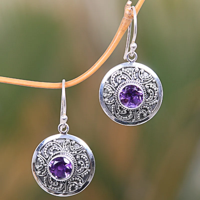 crystal drop earrings for evening wear -Balinese Aura Amethyst & Silver Dangle Earrings