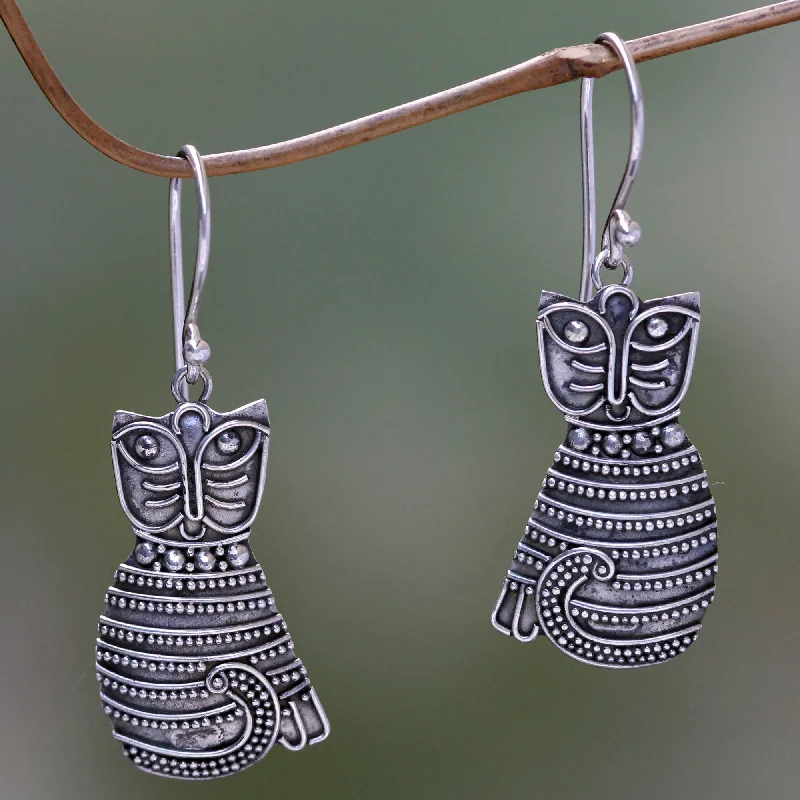 silver chain earrings for women -Balinese Cat Sterling Silver Dangle Earrings