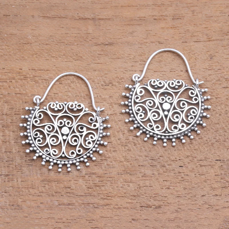 holiday earrings for festive seasons -Balinese Delight Swirling Openwork Sterling Silver Hoop Earrings from Bali