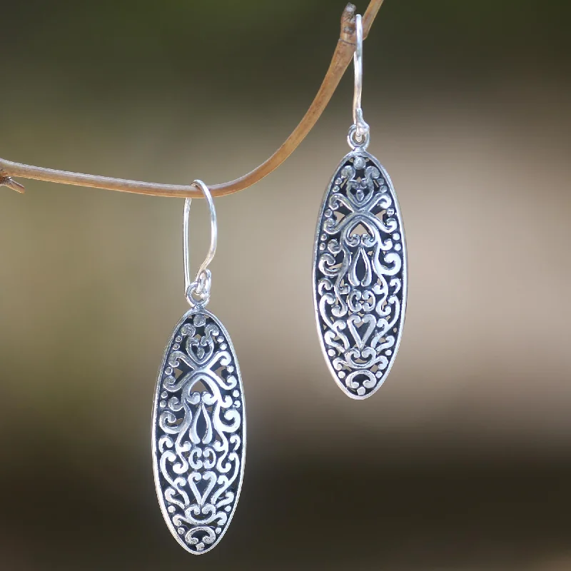 gold earrings for bridesmaids -Balinese Floral Engraved Sterling Silver Dangle Earrings with Floral Motif