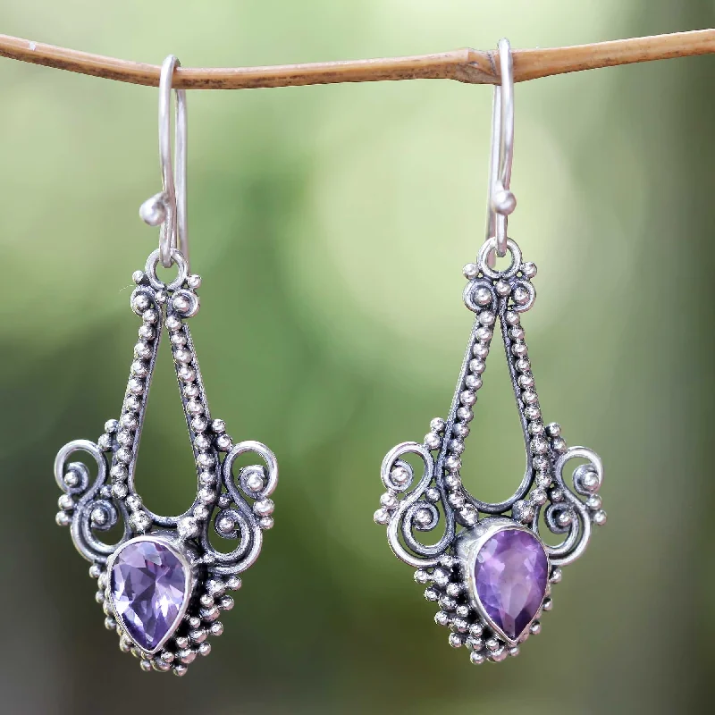 stylish hoop earrings for women -Balinese Glitz Pisces Amethyst Birthstone on Sterling Silver Hook Earrings