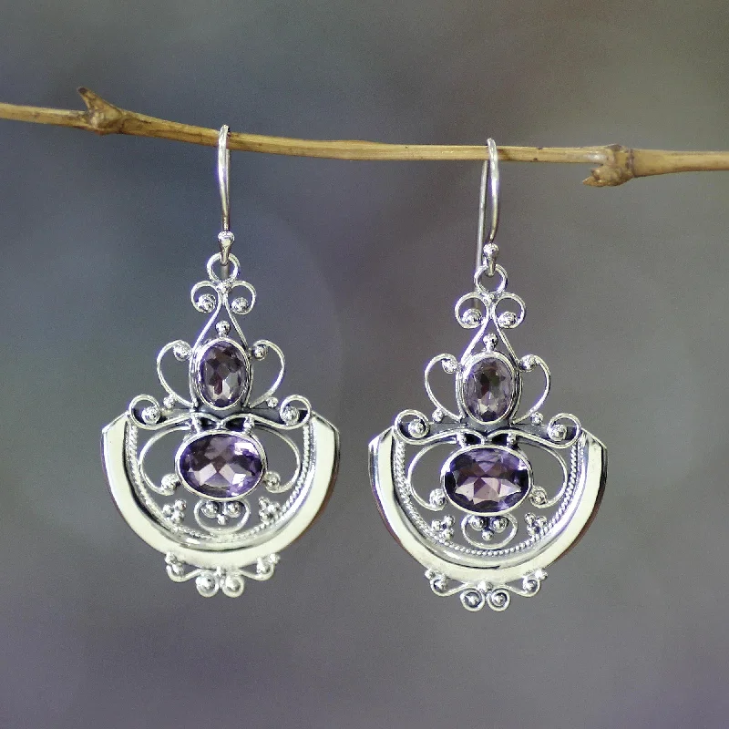 textured earrings for fashion lovers -Balinese Goddess Sterling Silver and Amethyst Dangle Earrings