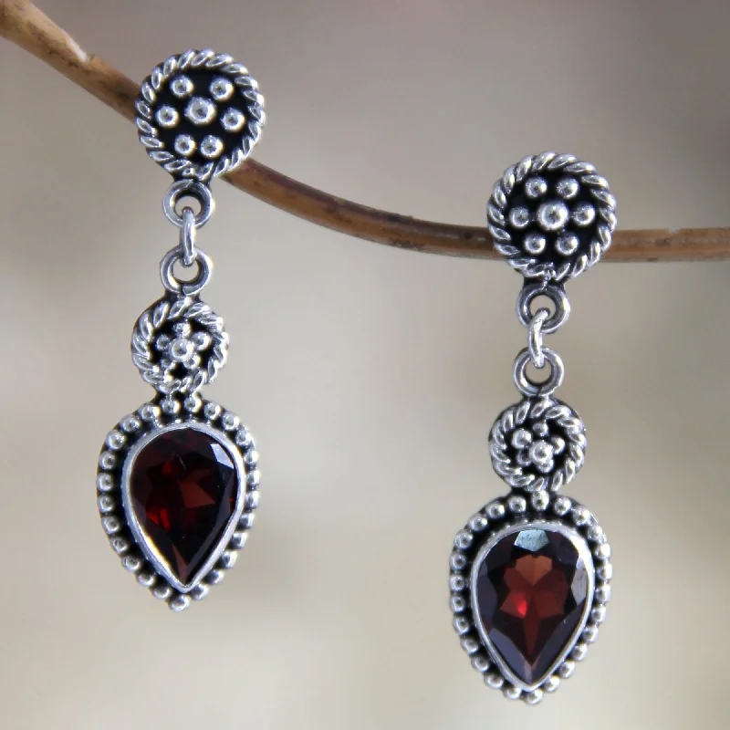 diamond stud earrings for women -Balinese Jackfruit Hand Made Sterling Silver and Garnet Dangle Earrings