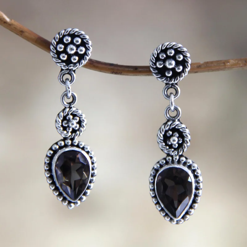 cute earrings for teenagers -Balinese Jackfruit Unique Sterling Silver and Smoky Quartz Earrings