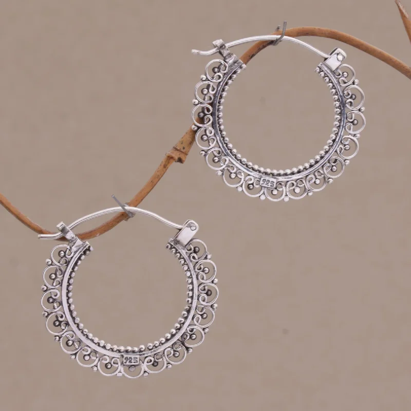 silver hoop earrings for girls -Balinese Lace Sterling Silver Hoop Earrings