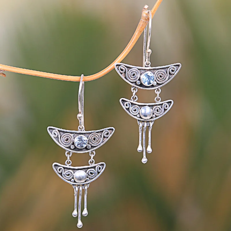 pearl drop earrings for brides -Balinese Pagoda Balinese Sterling Silver and Blue Topaz Dangle Earrings