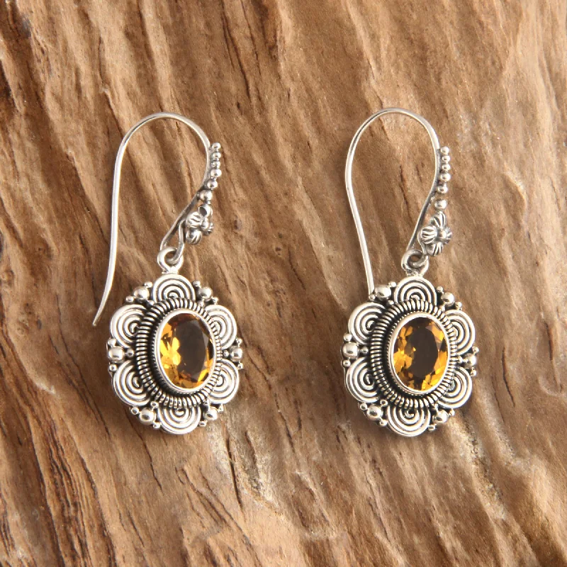 rose gold earrings for girls -Balinese Sunflower Floral Sterling Silver and Citrine Dangle Earrings