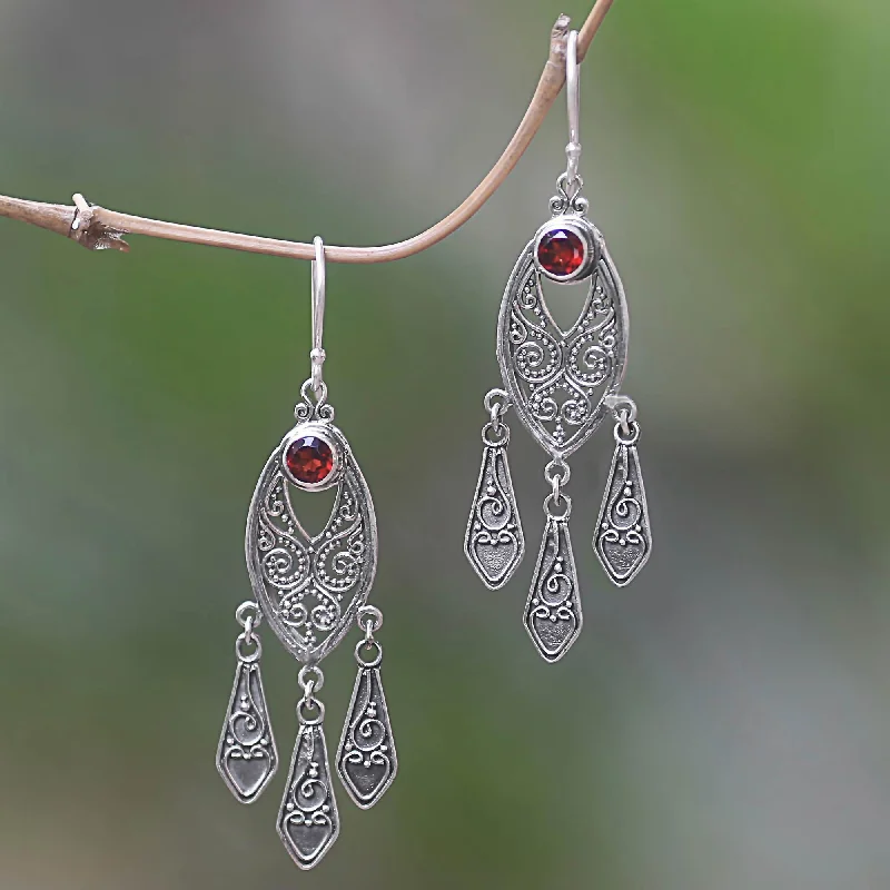 minimalist earrings for everyday wear -Balinese Wind Chime Handcrafted Garnet Chandelier Earrings in Sterling Silver