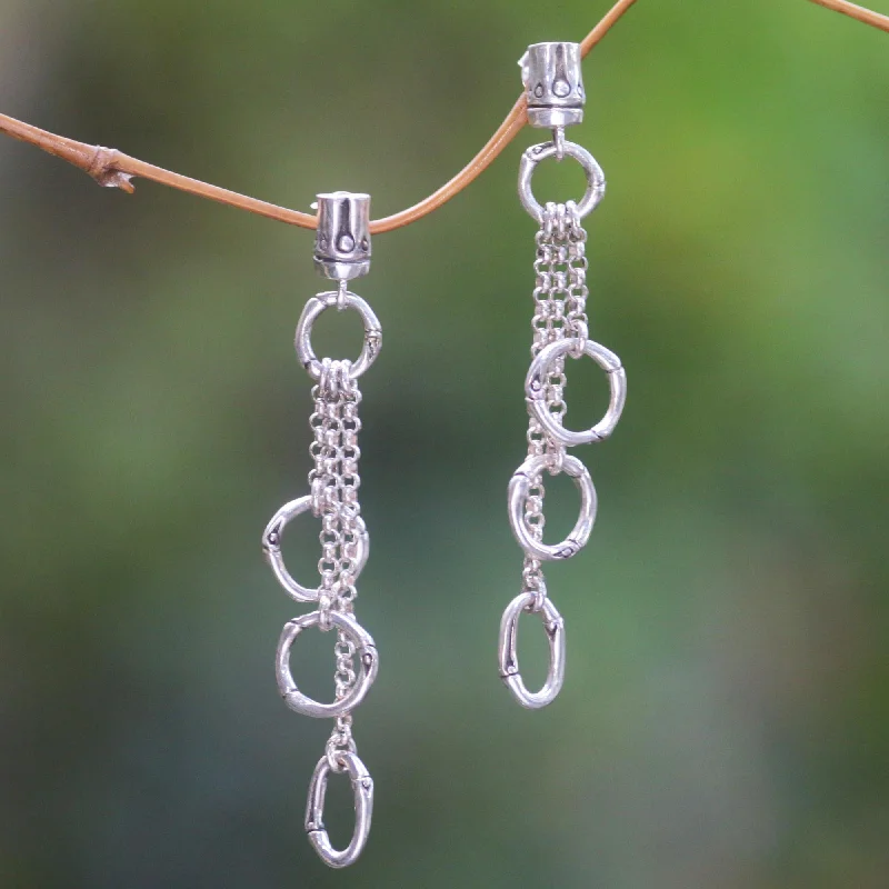 silver heart earrings for women -Bamboo Waterfall Balinese Sterling Silver Handmade Engraved Dangle Earrings