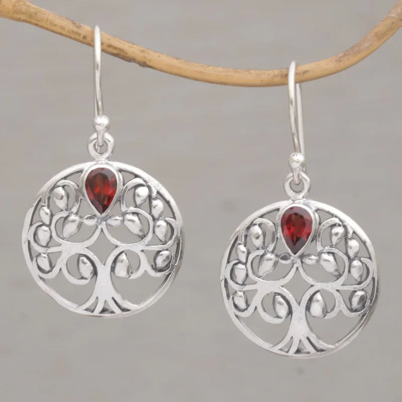 clip-on earrings for sensitive ears -Banyan Beauty Balinese Garnet and Sterling Silver Tree Dangle Earrings