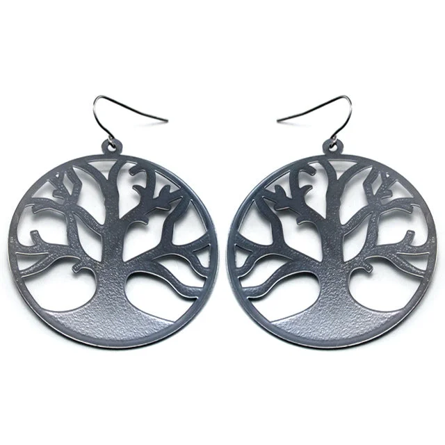 tribal earrings for men -Bare Branches of Winter - Frosted Tree of Life Metal Disc Hook Earrings