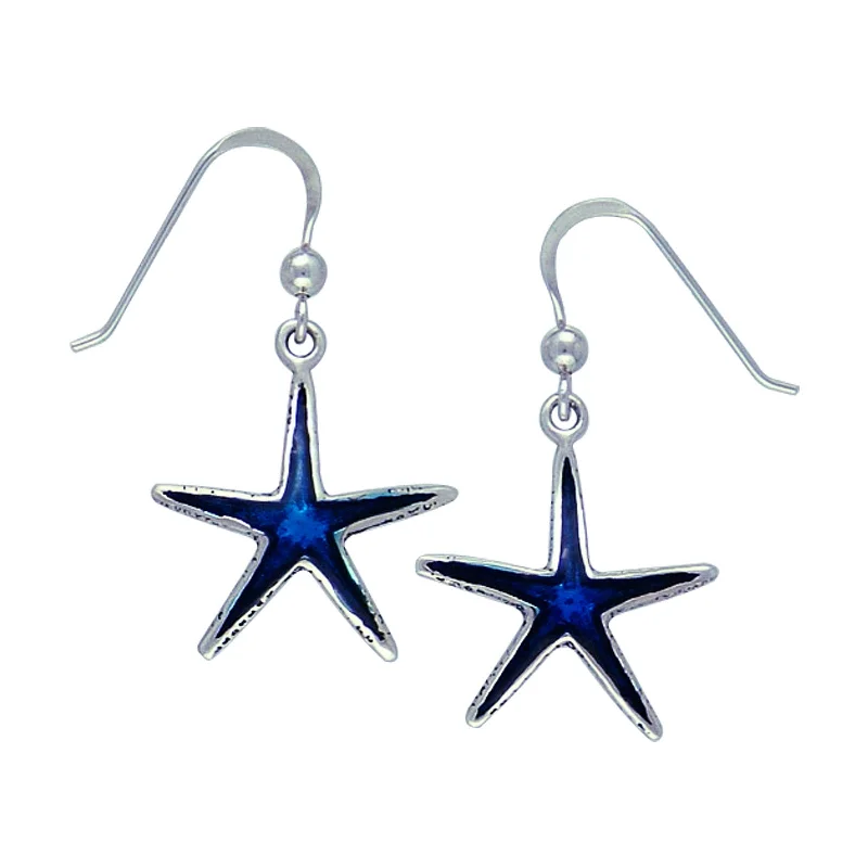 gold and silver earrings for women -Deep Sea Blue Starfish Sterling Silver Hook Earrings