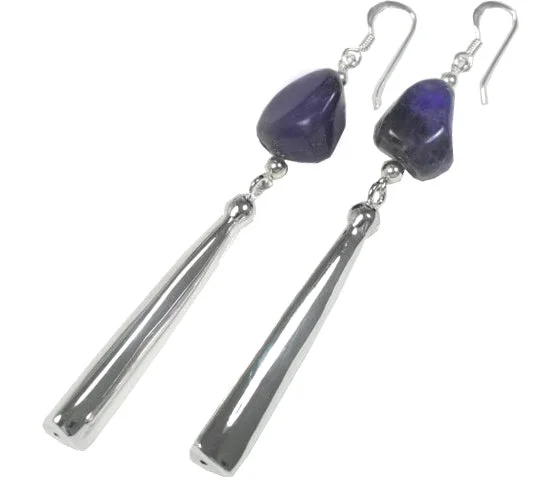 enamel earrings for kids -Long Sterling Silver Hook Earrings with Genuine Amethyst Nugget Beads