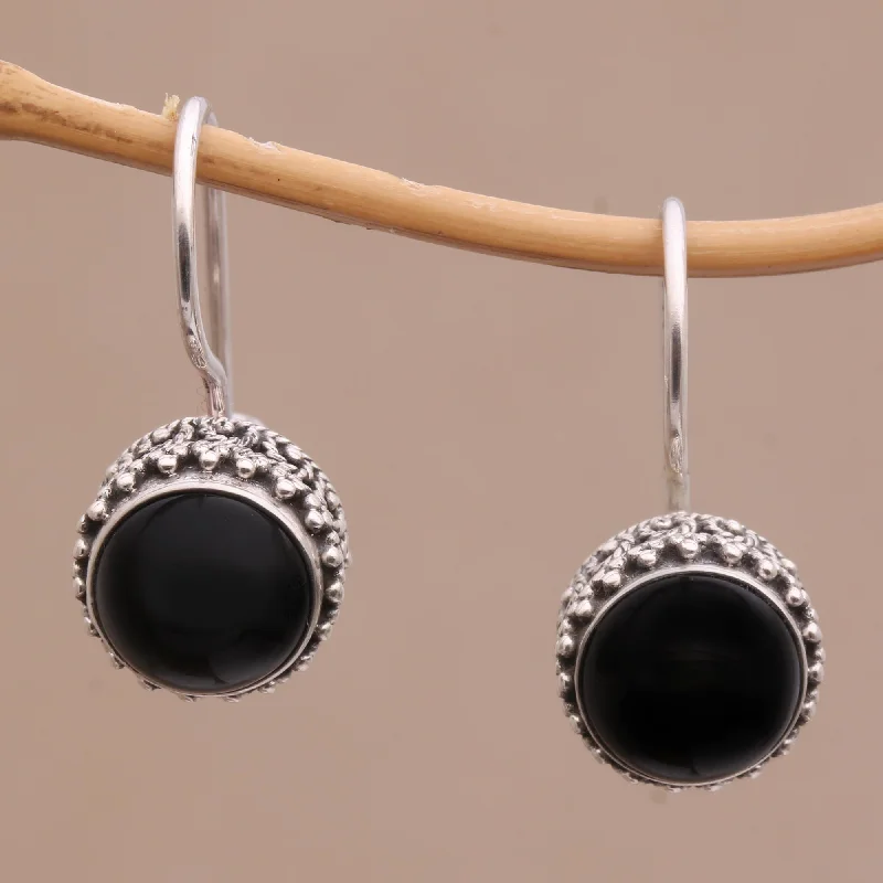 pink gold earrings for bridesmaids -Beauteous Onyx and Sterling Silver Drop Earrings Handmade in Bali