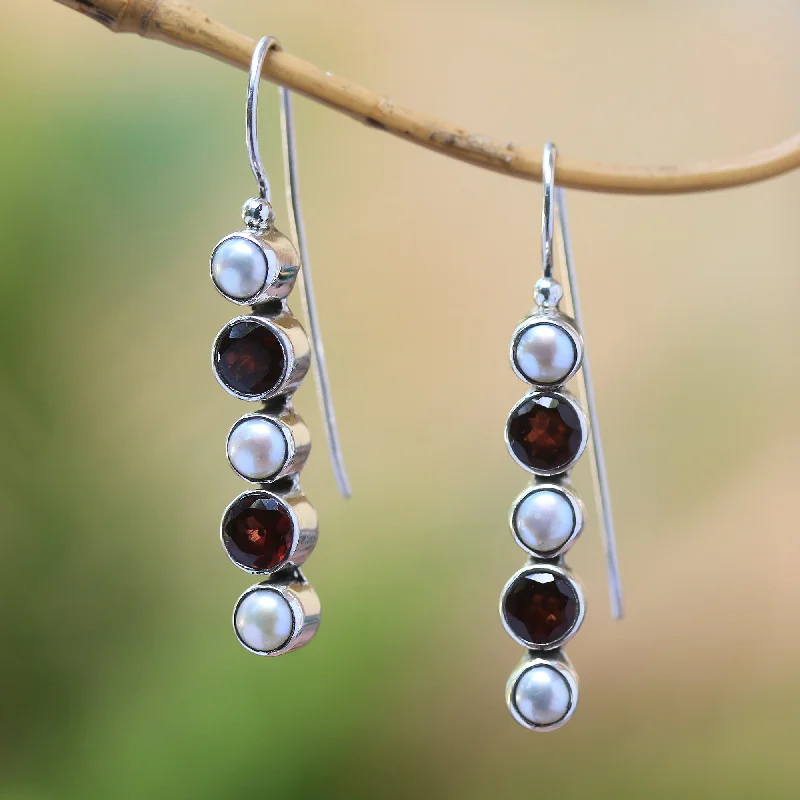 crystal drop earrings for evening wear -Beautiful Constellation Garnet and Cultured Pearl Drop Earrings from Bali