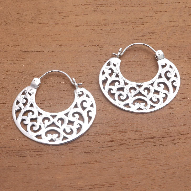 opal earrings for women -Beautiful Curves Openwork Sterling Silver Hoop Earrings from Bali