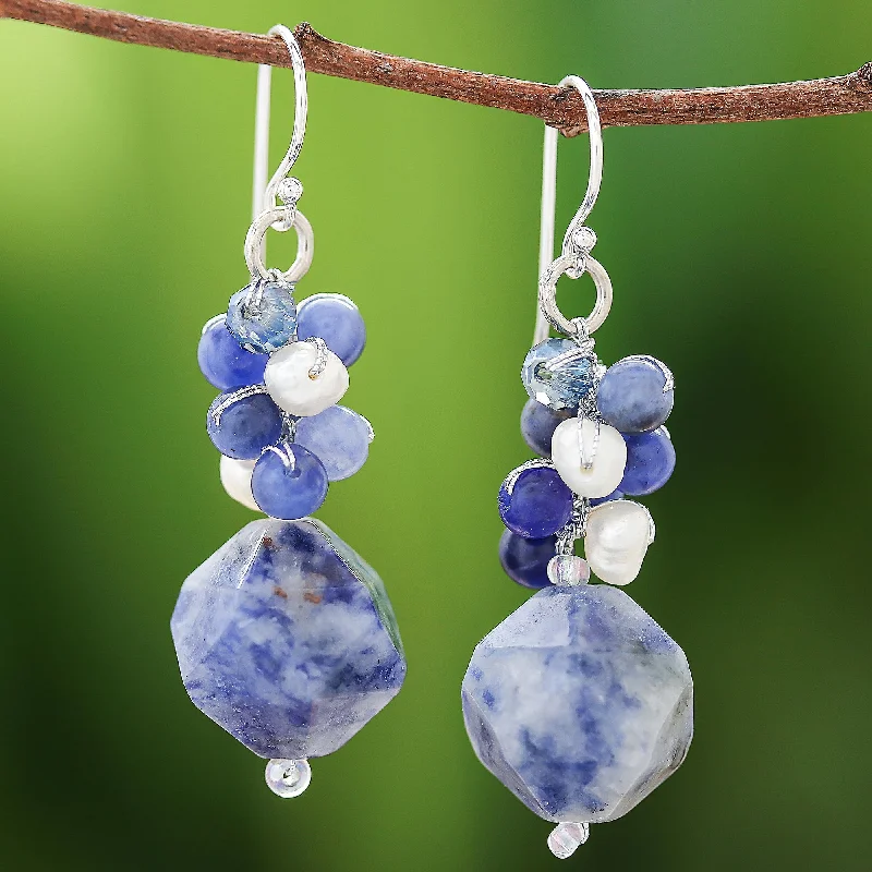 dainty earrings for women -Beautiful Glam Lapis Lazuli and Cultured Pearl Beaded Cluster Earrings