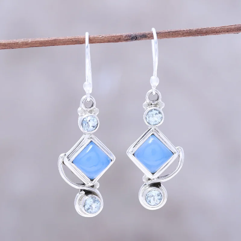 gold earrings for bridesmaids -Beauty of the Seas Blue Topaz and Chalcedony Dangle Earrings Handmade in India