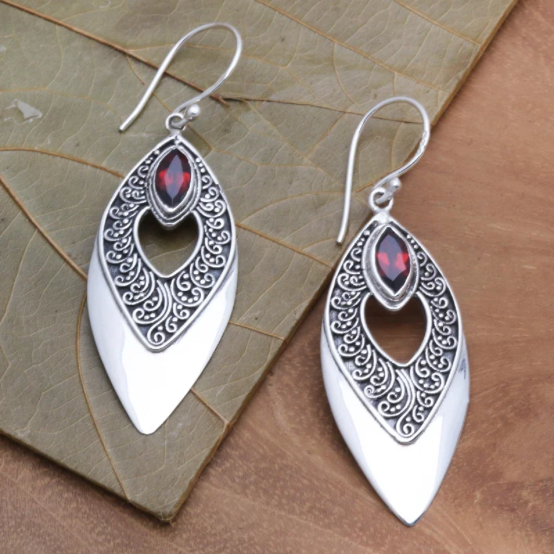 textured earrings for fashion lovers -Beauty's Triumph Balinese Style Garnet Dangle Earrings