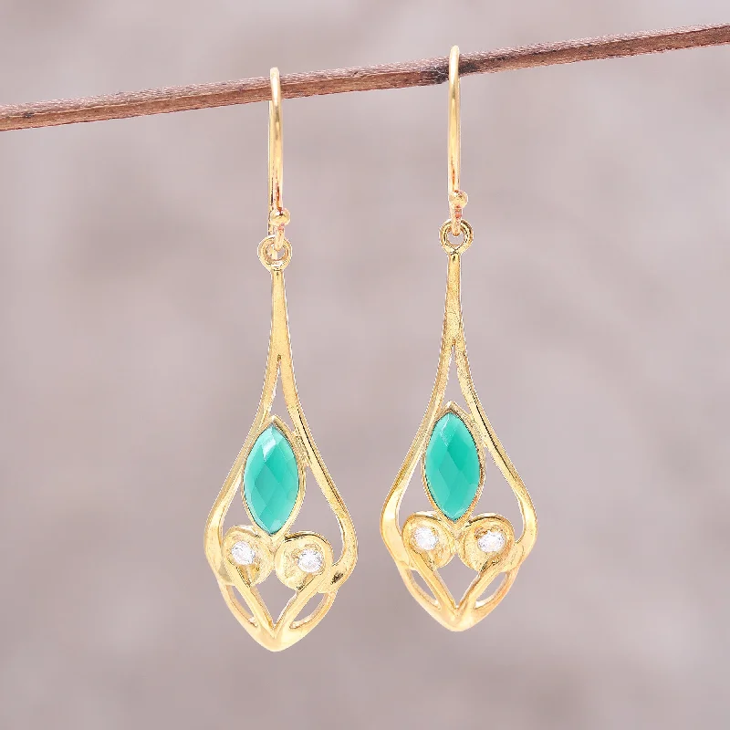 dangle earrings for weddings -Bejeweled Rain Drops Gold Plated Green Onyx and Cubic Zirconia Dangle Earrings