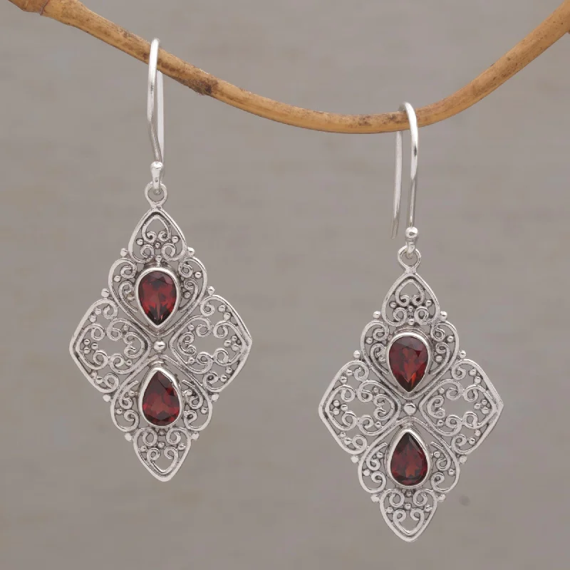 boho style earrings for women -Besakih Beauty Ornate Dangle Earrings with Garnets and Sterling Silver