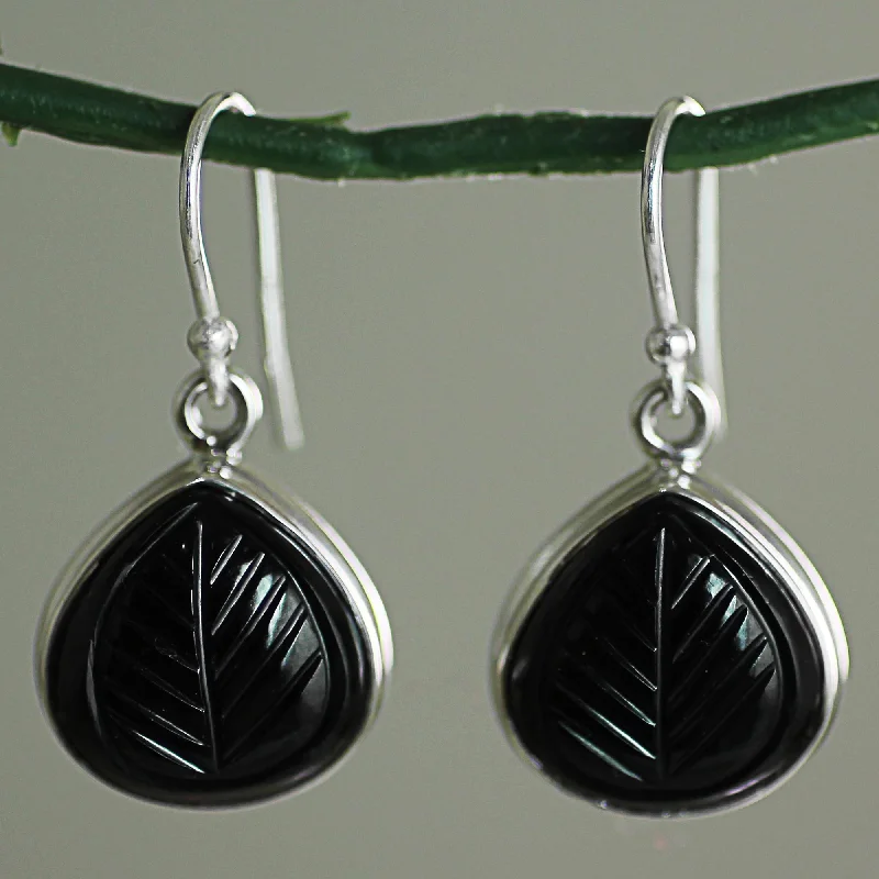 minimalist earrings for everyday wear -Betel Leaf Hand Made Sterling Silver Onyx Dangle Earrings from India