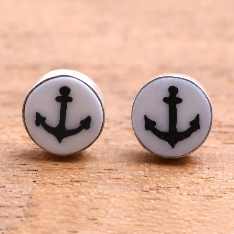 butterfly earrings for kids -Black Anchor Anchor Motif Bone Stud Earrings from Bali