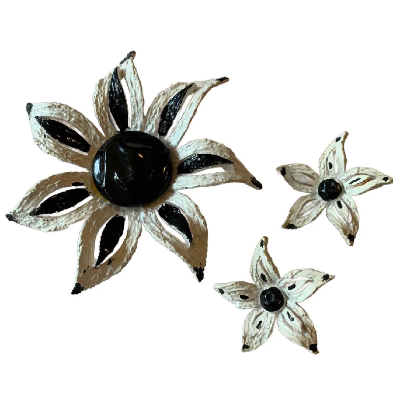 butterfly stud earrings for girls -Black and White Etched Metal Flower and Earrings Set circa 1960s