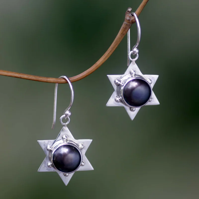 silver heart earrings for women -Black Bali Star Sterling Silver Earrings