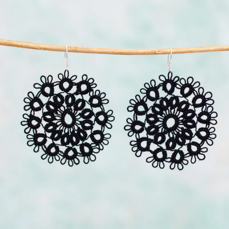 diamond hoop earrings for evening wear -Black Doily Handcrafted Black Cotton Dangle Earrings with Doily Motif