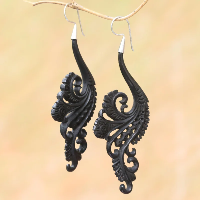 custom engraved earrings for gifts -Black Fern Silver Dangle Earrings