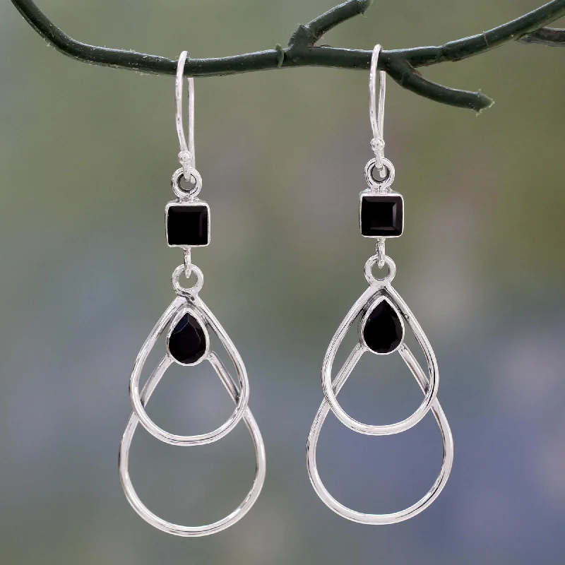 large statement earrings for parties -Black Ice Onyx Dangle Style Earrings Set in Polished Sterling Silver