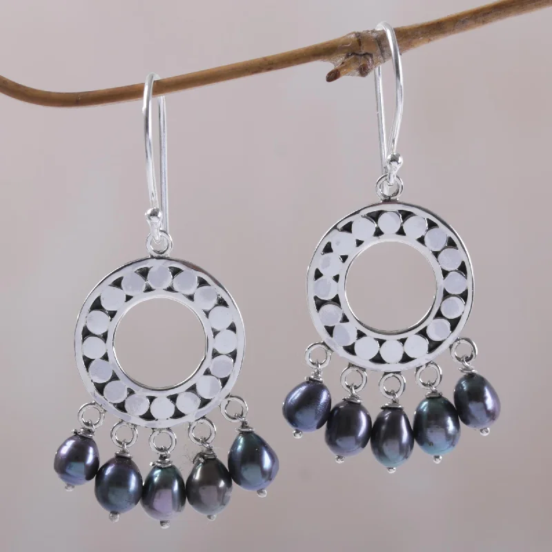 chunky earrings for women -Black Moon Aura Sterling Silver Pearl Chandelier Earrings