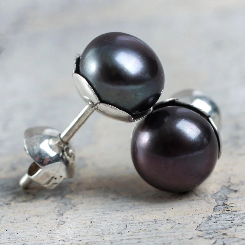 silver stud earrings for men -Black Nascent Flower Handcrafted Black Cultured Pearl Stud Earrings