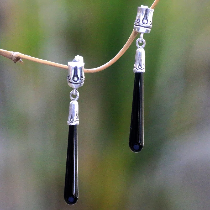 layered earrings for women -Black Wand Artisan Crafted Onyx and Sterling Silver Dangle Earrings